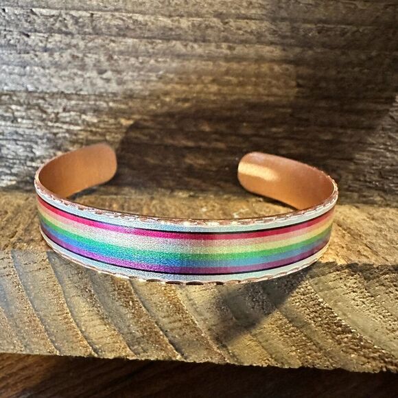 Handmade Boho Copper Narrow Cuff Bracelet, Diamond Cut Rainbow Pride Design, Gi - Picture 2 of 9